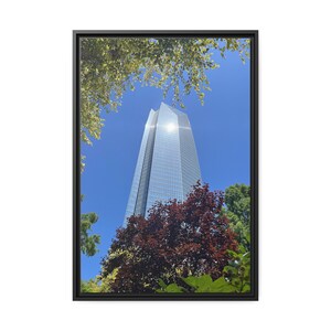 May include: A tall, modern skyscraper with a glass facade reflects the sun. The building is framed by green trees and a blue sky.