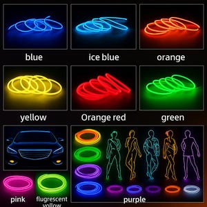 Op de afbeelding: Flexibele LED-lichtstrips in diverse kleuren: blauw, ijsblauw, oranje, geel, oranjerood, groen, roze, fluorescerend geel en paars. De afbeelding toont ook een auto met LED-verlichting en silhouetten van mensen.