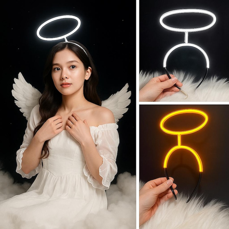 May include: A woman wearing a white dress, angel wings, and a glowing halo headband. The halo is a white, circular light. Additional images show the halo in white and yellow. The background is black.