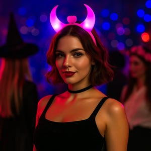 May include: A pink, illuminated devil horn headband with a heart detail. The crescent-shaped horns glow brightly. The headband is worn by a person in a black top and choker, set against a blurred party backdrop.