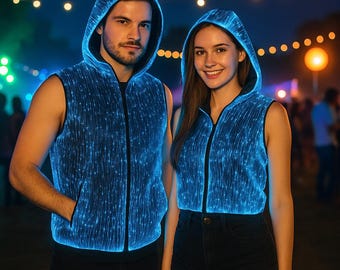 May include: Two people wearing blue, sleeveless, hooded vests with a glowing fiber optic design. The vests have a black zipper and trim. The background is a nighttime outdoor scene with string lights.