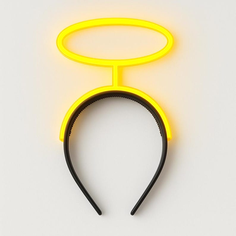 May include: A yellow halo headband with a black headband base. The halo is a bright yellow, oval shape connected to the headband with a vertical bar. The headband is black and has a textured, ridged design.