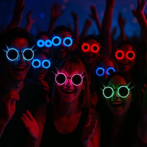 May include: A group of people wearing glowing neon glasses in various colors, including blue, red, and green, are smiling and enjoying themselves. The glasses have round frames and are lit up, creating a vibrant and energetic atmosphere. The background is dark, emphasizing the bright colors of the glasses.