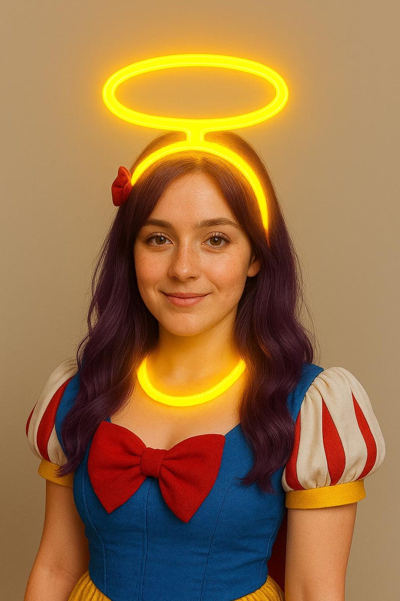 May include: A woman wearing a yellow halo and necklace, with a red bow and a blue and white dress. The halo and necklace glow brightly. The woman has purple hair and is smiling.