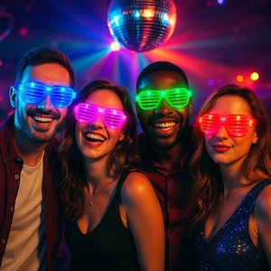 May include: Four people smiling and wearing glowing shutter shades in blue, pink, green, and red. A disco ball hangs in the background, reflecting colorful lights. The group appears to be at a party or event.