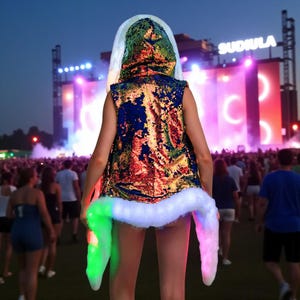 Puede incluir: Un chaleco con lentejuelas y capucha, con una vibrante mezcla de colores como oro, azul y rojo. El chaleco tiene un ribete de piel sintética blanca y apéndices brillantes y coloridos. El fondo muestra un escenario de concierto y una multitud.