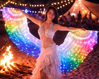 Abanico de seda con luz LED para danza del vientre, accesorio luminoso para espectáculos, rave y disfraces.