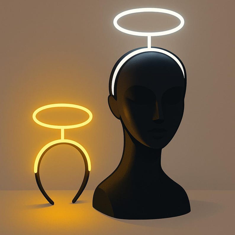 May include: A black mannequin head with a white halo headband and a separate yellow halo headband. The halo headbands are illuminated with neon lights. The background is a neutral color.