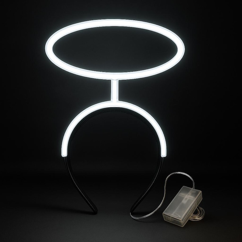 May include: A glowing white halo headband with a battery pack. The halo is composed of a circular top and a curved base connected by a vertical bar. The headband is black. The battery pack is clear and connected by a thin wire.