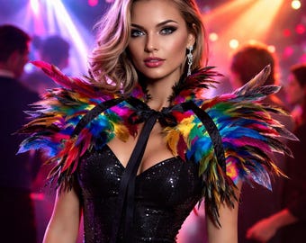 Capa con cuello de plumas / Capa gótica punk con hombros descubiertos, atuendo para carnaval rave