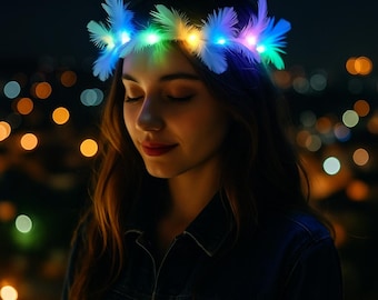 Corona de plumas con luces LED: tocado iluminado para fiestas y festivales (10 unidades)