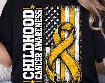 Childhood Cancer Awareness PNG, USA Flag Cancer Ribbon PNG, Yellow Gold Ribbon Design, Cancer Awareness Shirt, Pediatric Cancer Design