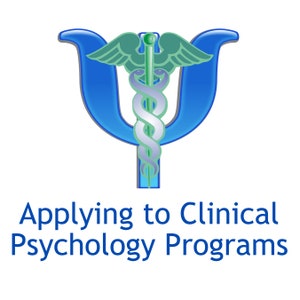 May include: A blue and green stylised caduceus, a symbol of medicine, is superimposed on a blue Greek letter psi, the symbol for psychology. The text "Applying to Clinical Psychology Programs" is below the symbol.