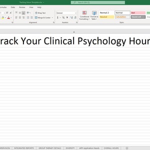 May include: A spreadsheet titled "How to Track Your Clinical Psychology Hours" with column headers for total hours, supervision, integrated reports, group therapy details, diversity, APP application needs, and overall hours.