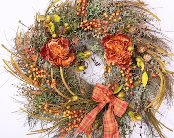 Peony Fall Wreath, Autumn Front Door Decor
