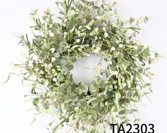 Spring Wreath, Green Leave, White lavender, Front Door Wreath