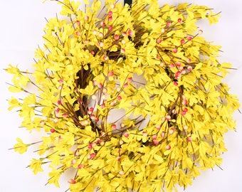 24 Inch Spring Wreath, Forsythia Wreath, Yellow Wreath, Berry Flowers, Front Door Wreath