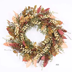 26-Inch Cream Berry & Autumn Leaves Wreath – Elegant Fall Door Decor, Front Door Wreath, Wreath for Fall, Autumn Wreath, Thanksgiving Wreath