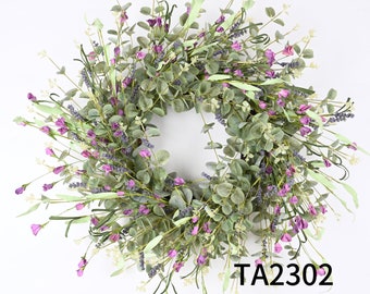 Spring Wreath, Green Leave, Purple lavender, Front Door Wreath