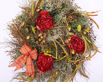 Fall Peony Wreath, Autumn Front Door Decor, Thanksgiving Wreath