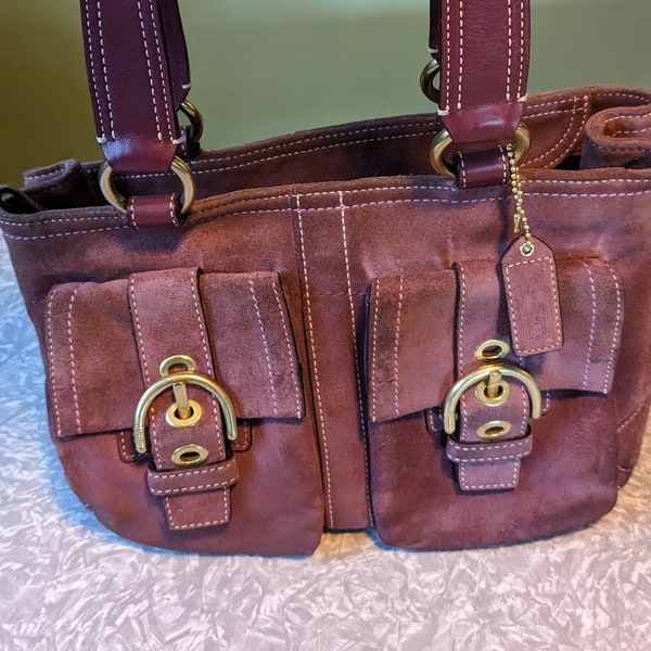 Vintage 1990s Coach Satchel Handbag Shoulder Bag Suede and Leather Burgundy Gold Hardware