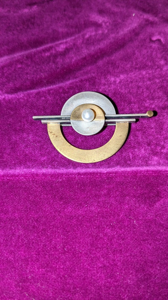 Vintage Copper and Silver Atomic Pin with Pearl