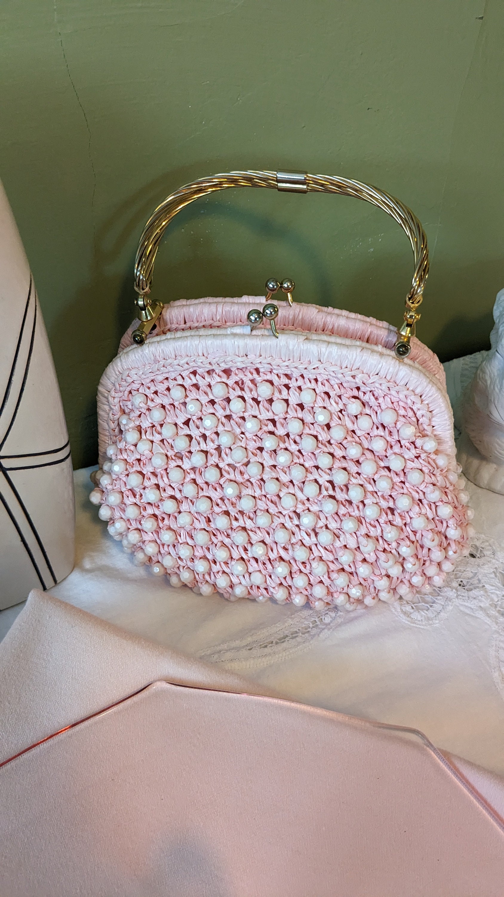 Antique French Steel Pink Beaded Purse Jeweled Frame Handbag