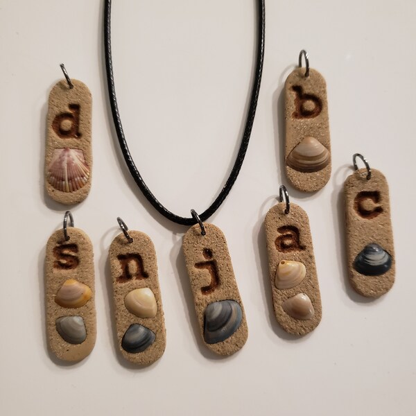 Clay pendant - Beach - shell - sand - letters - initials - necklace - unique - fun - lightweight - handmade