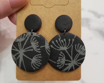 Black and Gray Dandelion clay earrings - circle - dangle - lightweight - handmade - unique - fun - cute