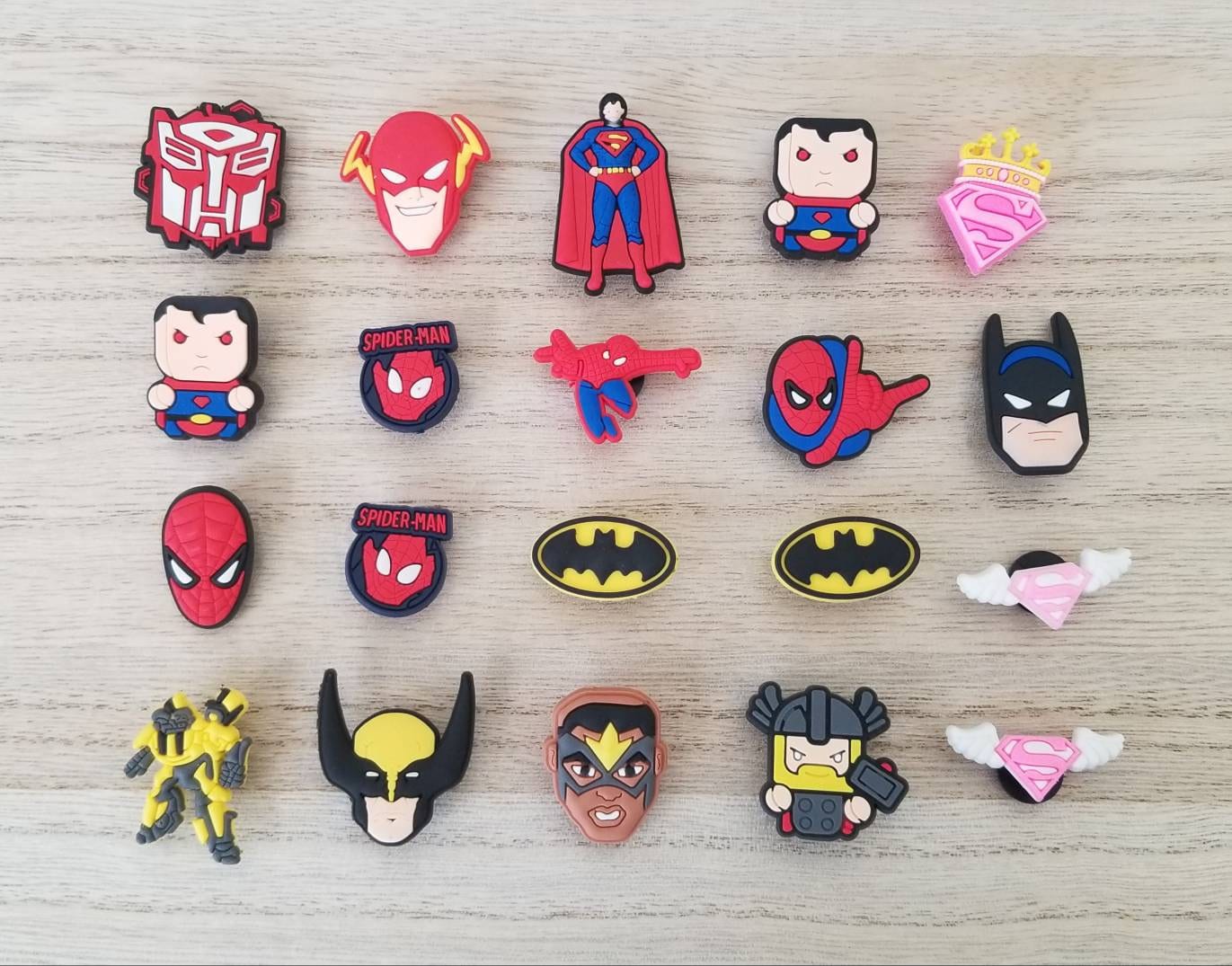 12 Spiderman & Batman Shoe Charms for Croc Shoes & Wristband