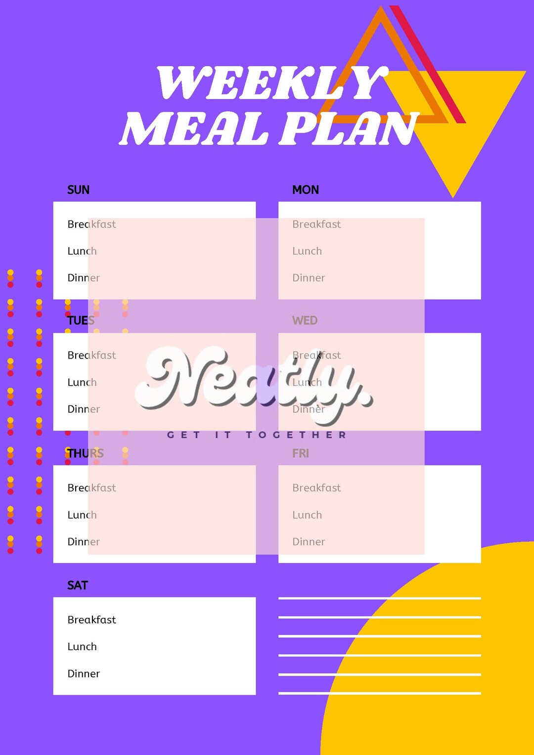Weekly Meal Plan Printable Worksheet In Retro Etsy