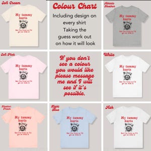 A color chart for the unisex t-shirts featuring a raccoon design with the text “my tummy hurts but I’m feral so I’ll get on with it'. The chart shows the design on different colored shirts including soft cream, athletic heather, soft pink, white, heather peach, light blue, and ash to take the guess work out of how the design will look on each colour of tee shirts.