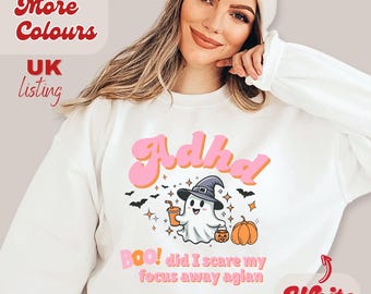 ADHD ghost sweatshirt, spooky shirt with cute ghost, boo shirt, ADHD awareness month, Halloween crew neck, neurodiversity funny ironic