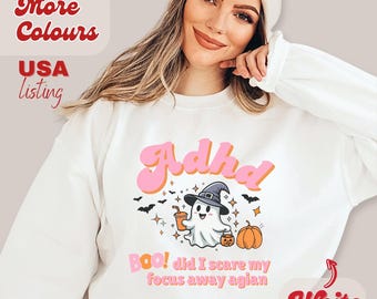 ADHD ghost sweatshirt, spooky shirt with cute ghost, boo shirt, ADHD awareness month, Halloween crew neck, neurodiversity funny ironic