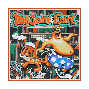 May include: A colorful illustration of two cartoon characters, Toe Jam and Earl, against a background of a boombox and other geometric shapes. The characters are wearing sunglasses and have a playful expression.