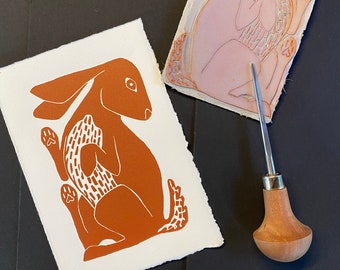 Terra - Earthy Rabbit Linocut Print