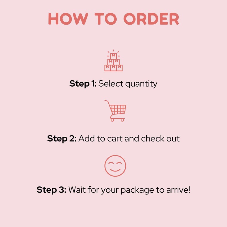 May include: Pink graphic with the text "HOW TO ORDER" at the top. The steps are: select quantity, add to cart and check out, and wait for your package to arrive. Each step has a corresponding icon.