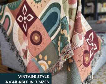 Boho Throw Blanket Cotton Soft Geometric Pattern Vintage Style Woven Blanket for Housewarming Gift Floral Design Home Decor Birthday Idea