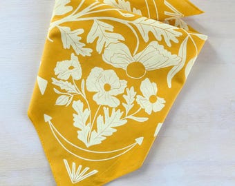 Yellow Cotton Bandana Folk Art Bandana Botanical Bandana Pattern Floral Bandana Design Bohemian Accessory Gift For Hiker Outdoor Lovers