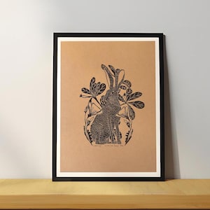 Jack Rabbit Nursery Wall Art Stampa Linoleografia Regalo Botanico per Amante della Natura Regalo di Compleanno per Amico Arte Originale Fatta a Mano Unica per la Camera da Letto
