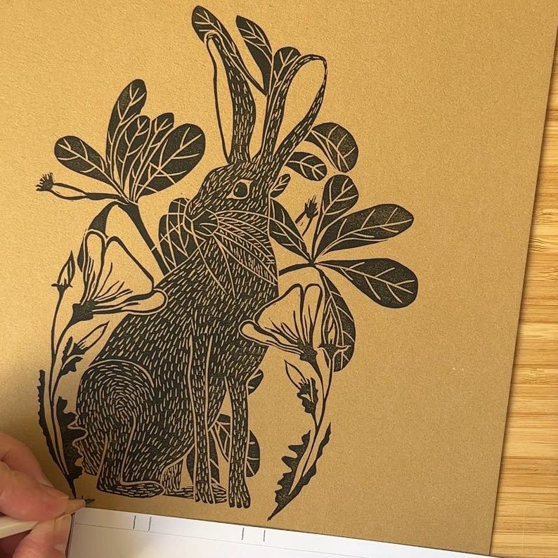 Jack Rabbit Nursery Wall Art Linocut Print Botanical Gift for Nature ...