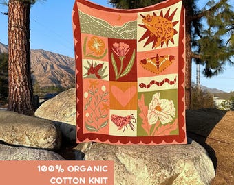Organic Cotton Knit Throw Blanket Housewarming Gift for Outdoor Lover Botanical Toad and Floral Folk Art Design Patchwork Home Decor Blanket