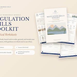 Puede incluir: Un paquete de hojas de trabajo imprimibles titulado Regulation Skills Toolkit de Anchored Self Studio. El conjunto incluye 11 hojas prácticas con texto, diagramas y una ilustración de paisaje montañoso, diseñadas para uso digital o físico.