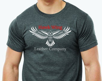Hawk Wing Leather Company Graphic T-shirt, Men's Women's Logo Shirt, Crew Neck Charcoal Tee