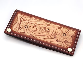 Hand-Tooled Leather Roper Wallet, Wild Rose Floral Carved Western Wallet