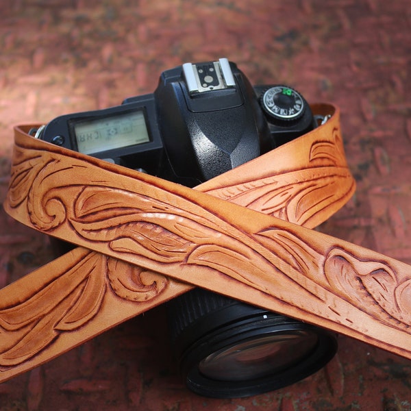 Hand-Tooled Leather Camera Strap, Floral Western Pattern Carved Camera Neck Holder, Handmade