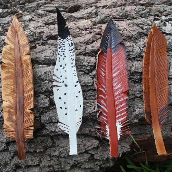 Hand-tooled Leather Feathers, Hand-Painted Bookmarks, Handmade Feather Decoration