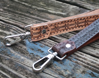 Handmade Leather Clasp Lanyard, Barb Wire Tooled Wristlet, Bag Handle
