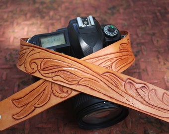 Hand-Tooled Leather Camera Strap, Floral Western Pattern Carved Camera Neck Holder, Handmade