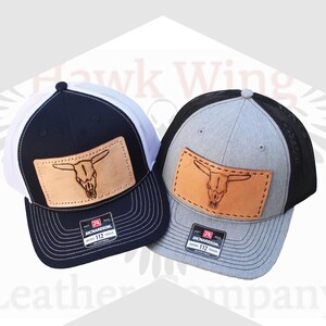 Leather Richardson 112 Cow Skull Patch Hat, Handmade Tooled Cattle Head Patch